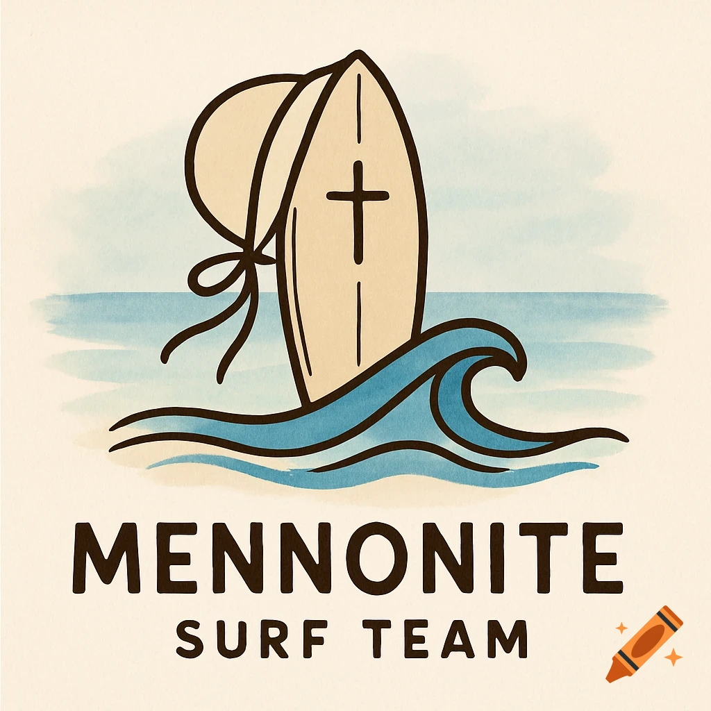 A cartoon logo features a surfboard with a cross and a bonnet behind it, riding a blue wave, with the text "MENNONITE SURF TEAM" below.