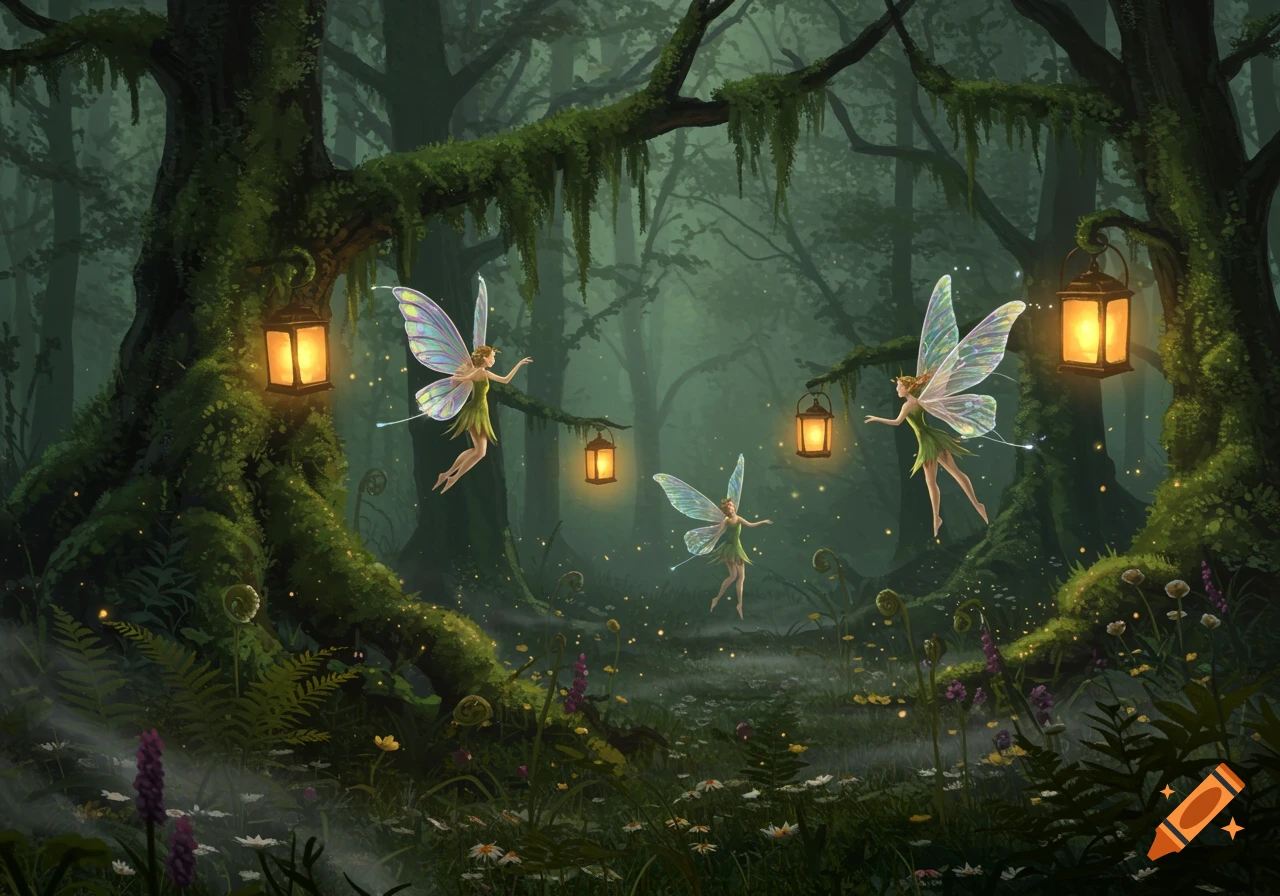 Three winged fairies fly around glowing lanterns in a mossy, dark fantasy forest with wildflowers and fireflies.