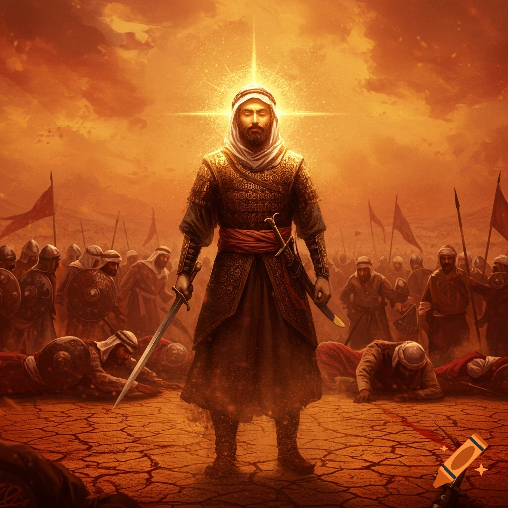 A man in ancient Middle Eastern attire with a glowing halo stands on a cracked, reddish battlefield among fallen and standing soldiers, under an orange sky, in a digital art style.