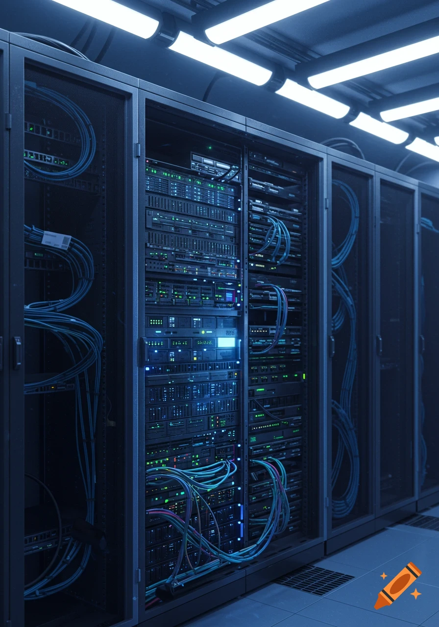 A narrow aisle view of multiple dark grey server racks filled with glowing blue and green lights and intricate blue and green cabling.