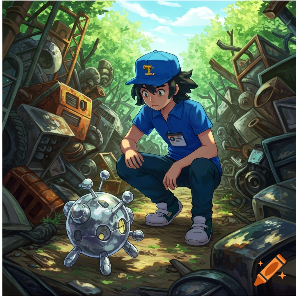 A male Pokémon trainer in a blue shirt and cap crouches in a junkyard, looking at a metallic Varoom Pokémon in the foreground, in an anime style.