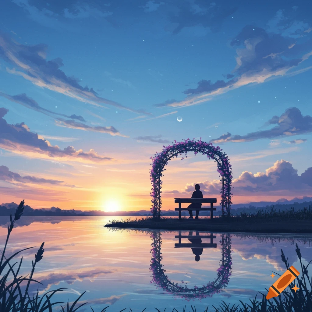 An anime-style image of a person sitting on a bench under a floral arch by a calm lake at sunset.