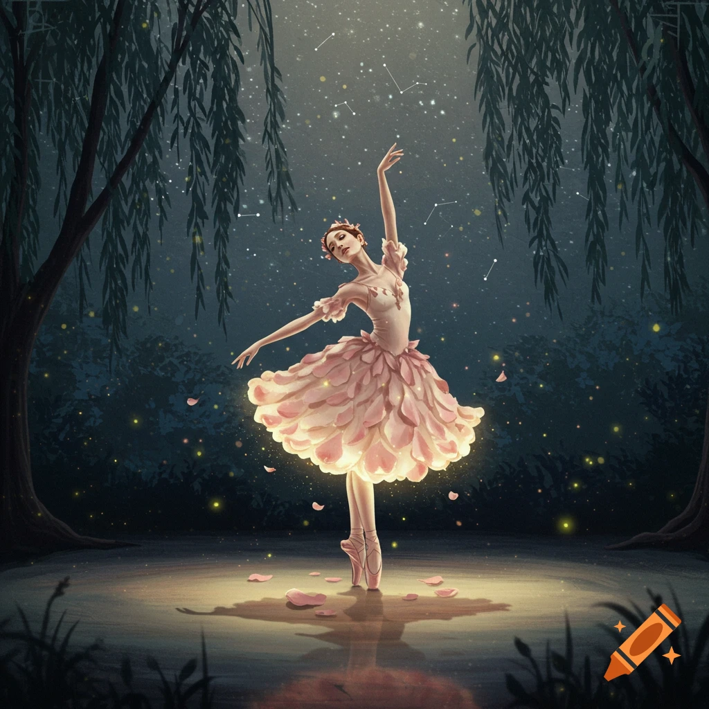 An ethereal ballerina in a glowing pink petal dress dances en pointe in a dark, star-filled forest with glowing petals around her.