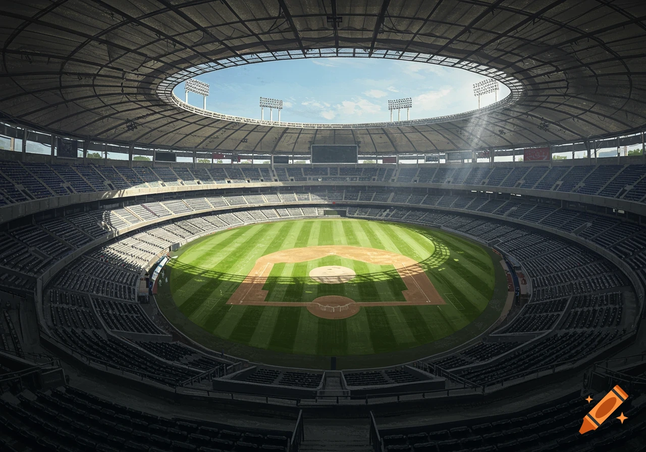 A photorealistic image of an empty baseball stadium with a lush green field and empty seating under a sunny sky.