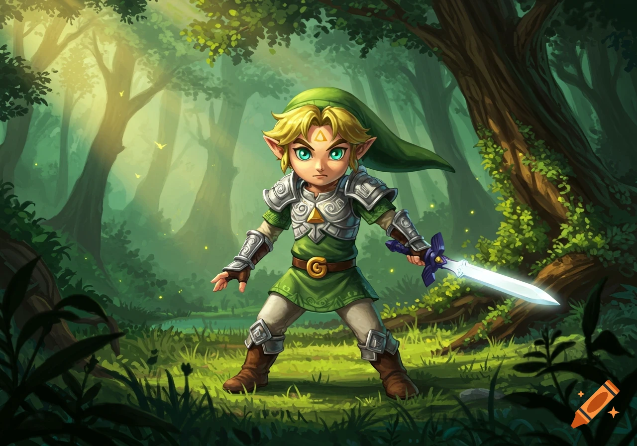 A young stylized Link (Fierce Deity child) from Zelda, wearing green and silver armor, holding a glowing sword in a sunlit forest.