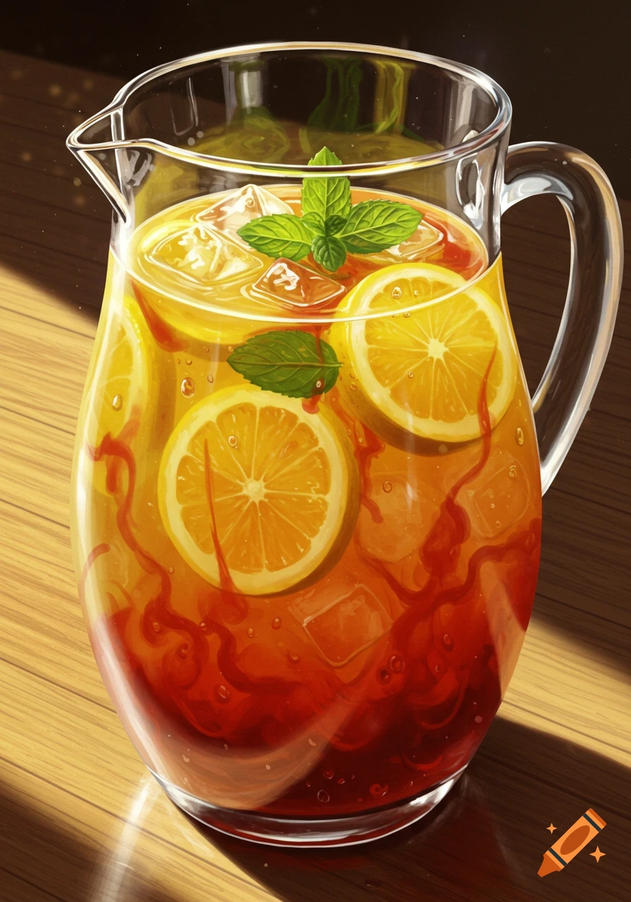 A pitcher of lemonade with ice, lemon slices, and mint leaves, with red liquid swirling in the bottom, on a wooden table.