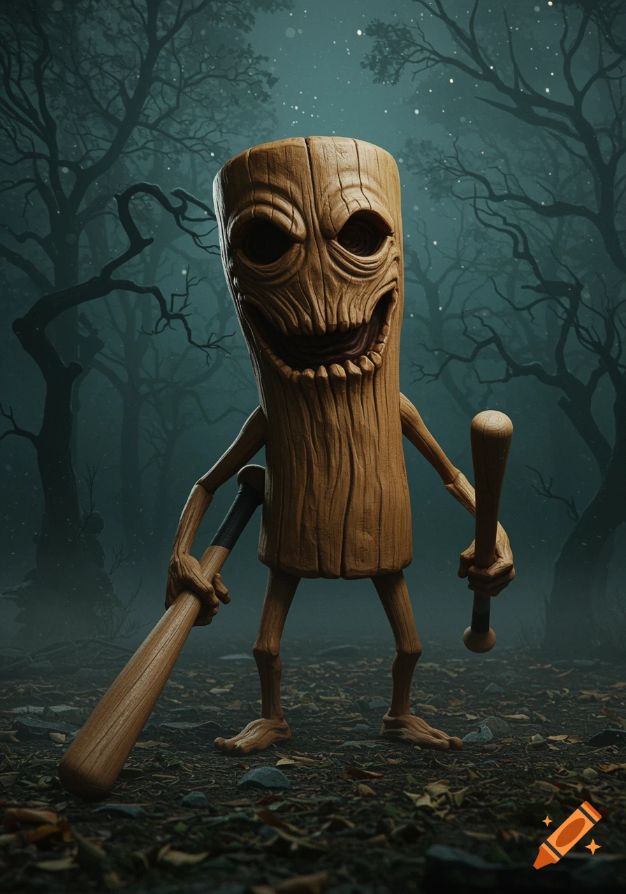 A creepy, carved wooden creature with glowing eyes holds two baseball bats in a dark, misty forest.