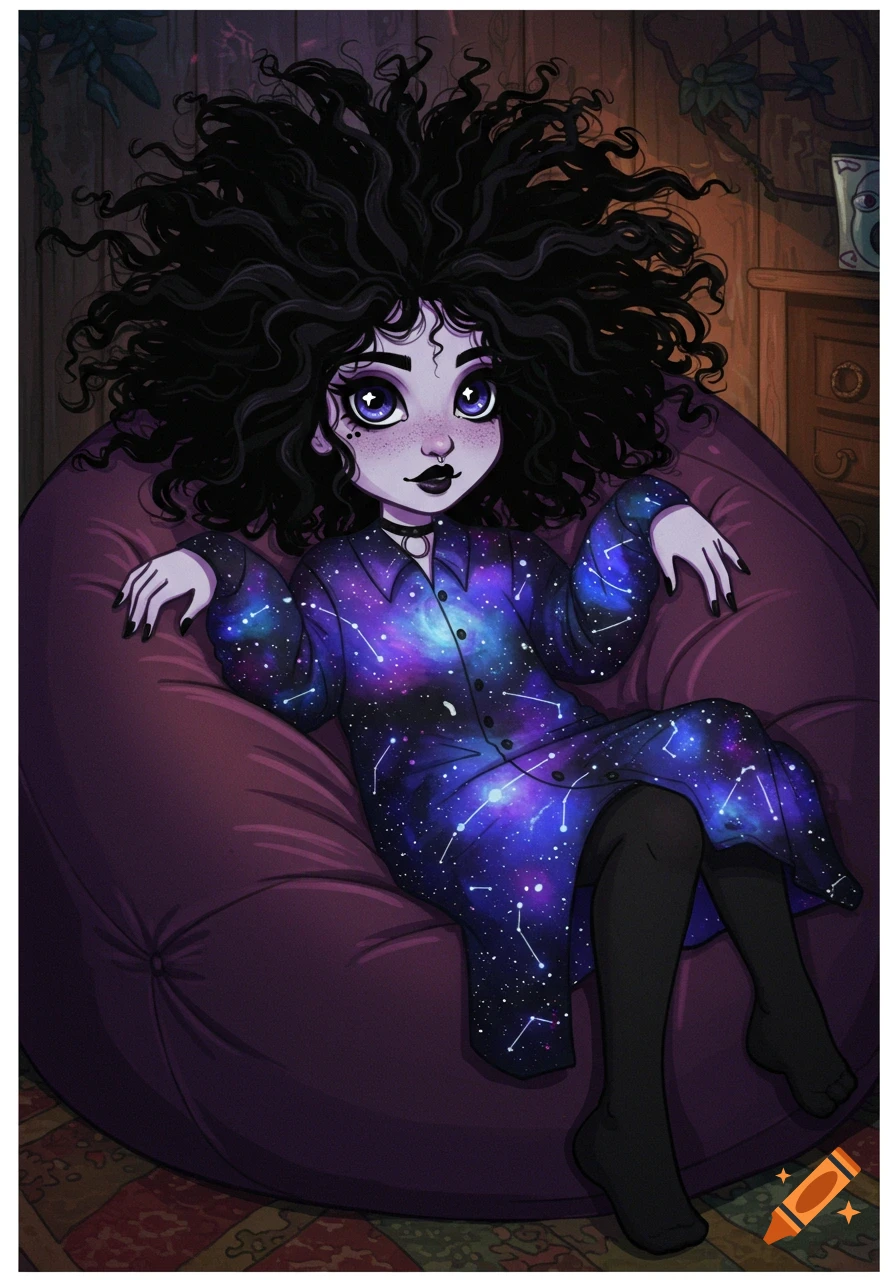 A stylized gothic girl with wild black hair and purple eyes sits on a purple bean bag chair, wearing a galaxy-patterned dress.