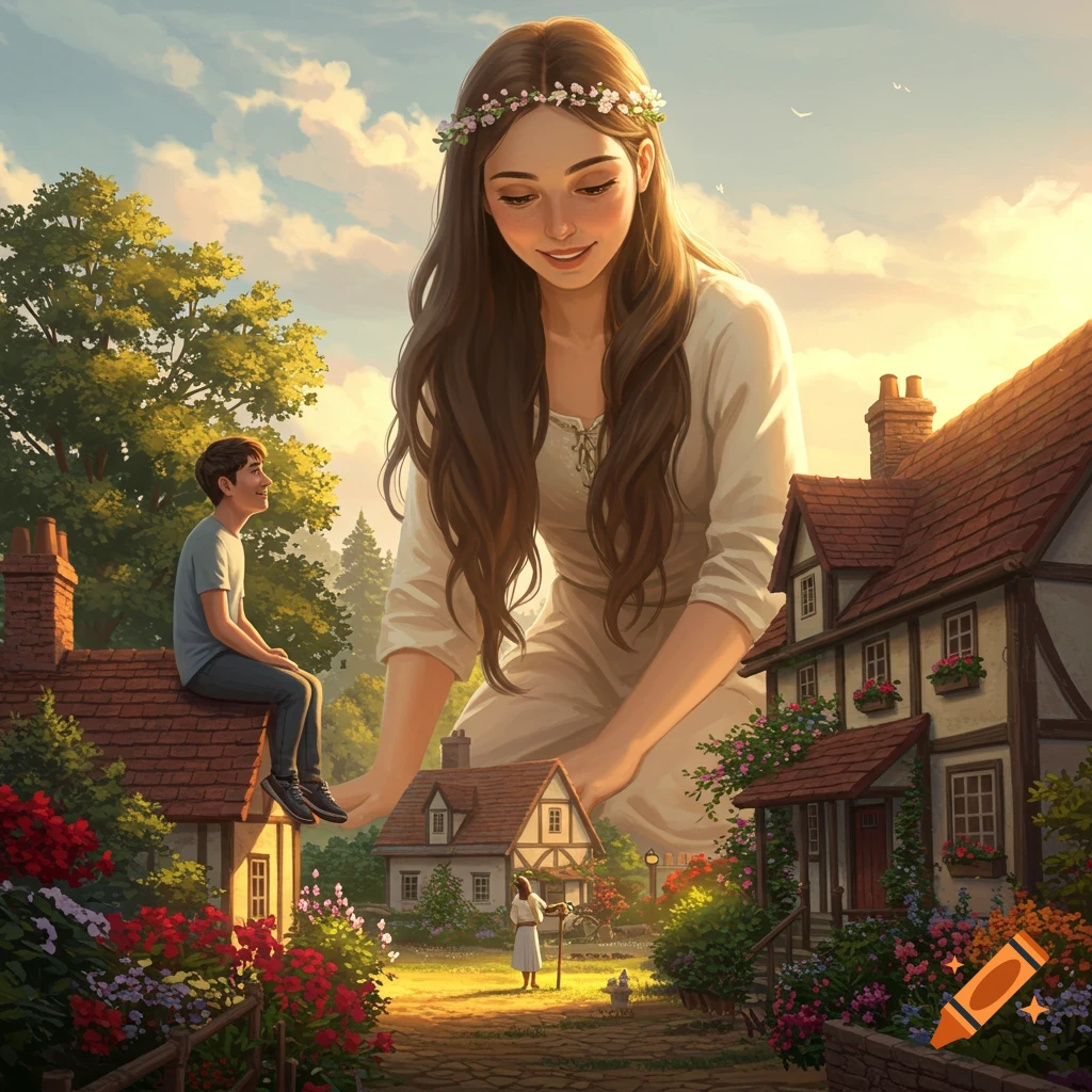A giantess with long brown hair and a flower crown kneels in a picturesque village, smiling at a man sitting on a rooftop.