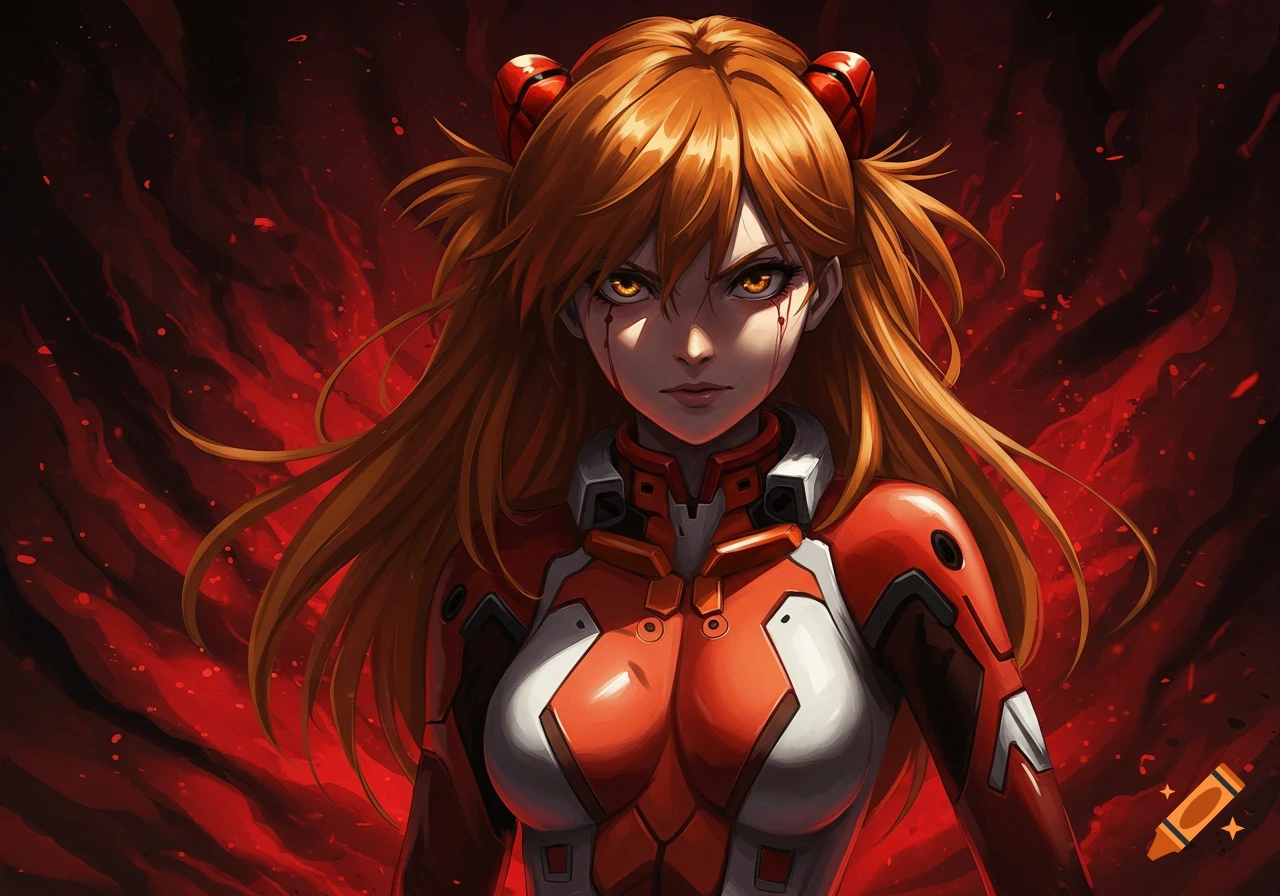 An intense anime portrait of a red-suited female character with long orange hair and glowing yellow eyes, with red liquid dripping from her eyes, set against a fiery red and black background.