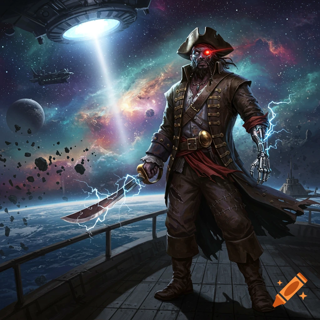 A cyborg pirate with a red eye and cybernetic arm stands on a spaceship deck, holding a lightning sword, under a UFO in cosmic space.