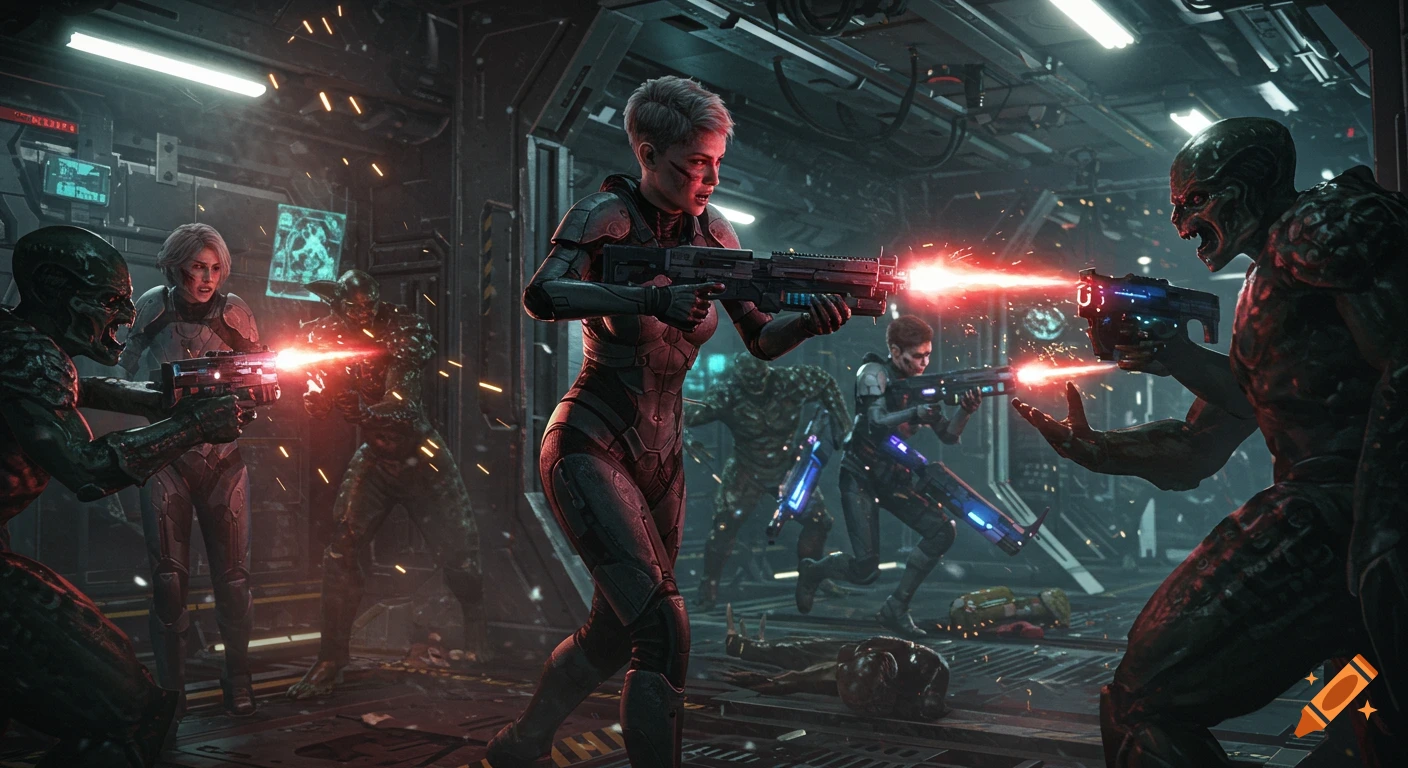 A squad of female space marines in an enemy space station engage in intense close-quarters combat against green-skinned alien adversaries, with laser blasts illuminating the scene.