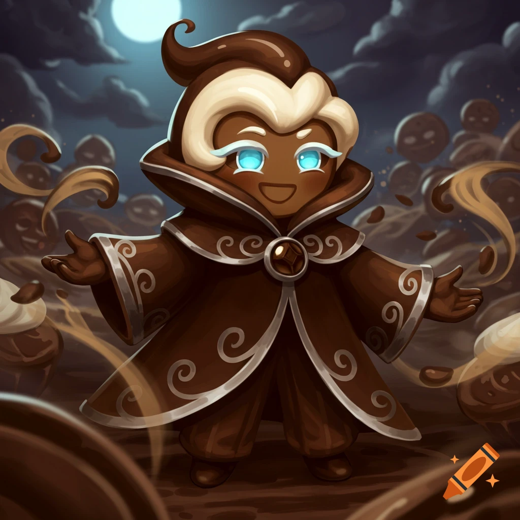 A smiling chocolate cookie character with glowing blue eyes and a brown hooded cloak stands amidst floating chocolate bits under a moonlit sky.