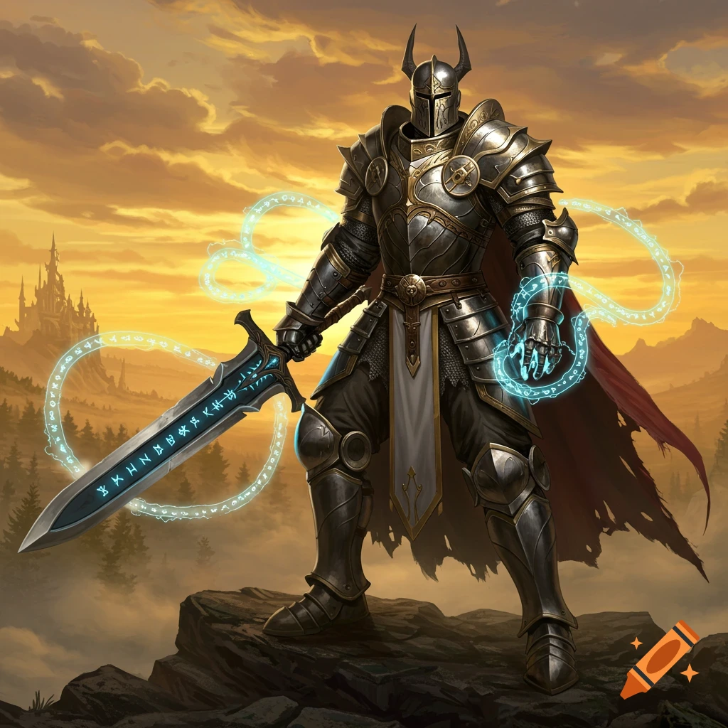 A paladin in detailed metal armor stands on a rocky outcrop, wielding a glowing runic greatsword, with a castle under a sunset sky.
