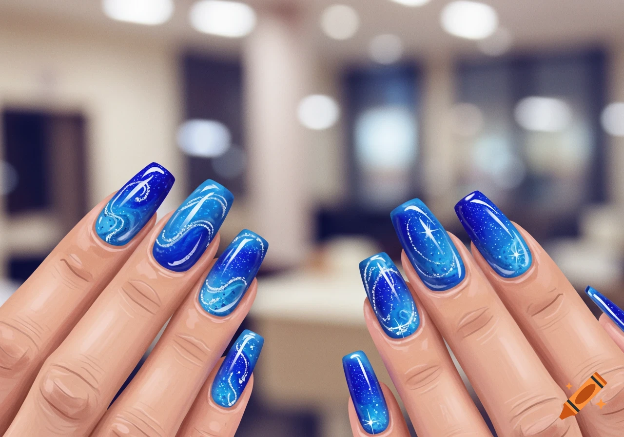 Two hands with long blue gradient nails decorated with white swirls and sparkling dots.