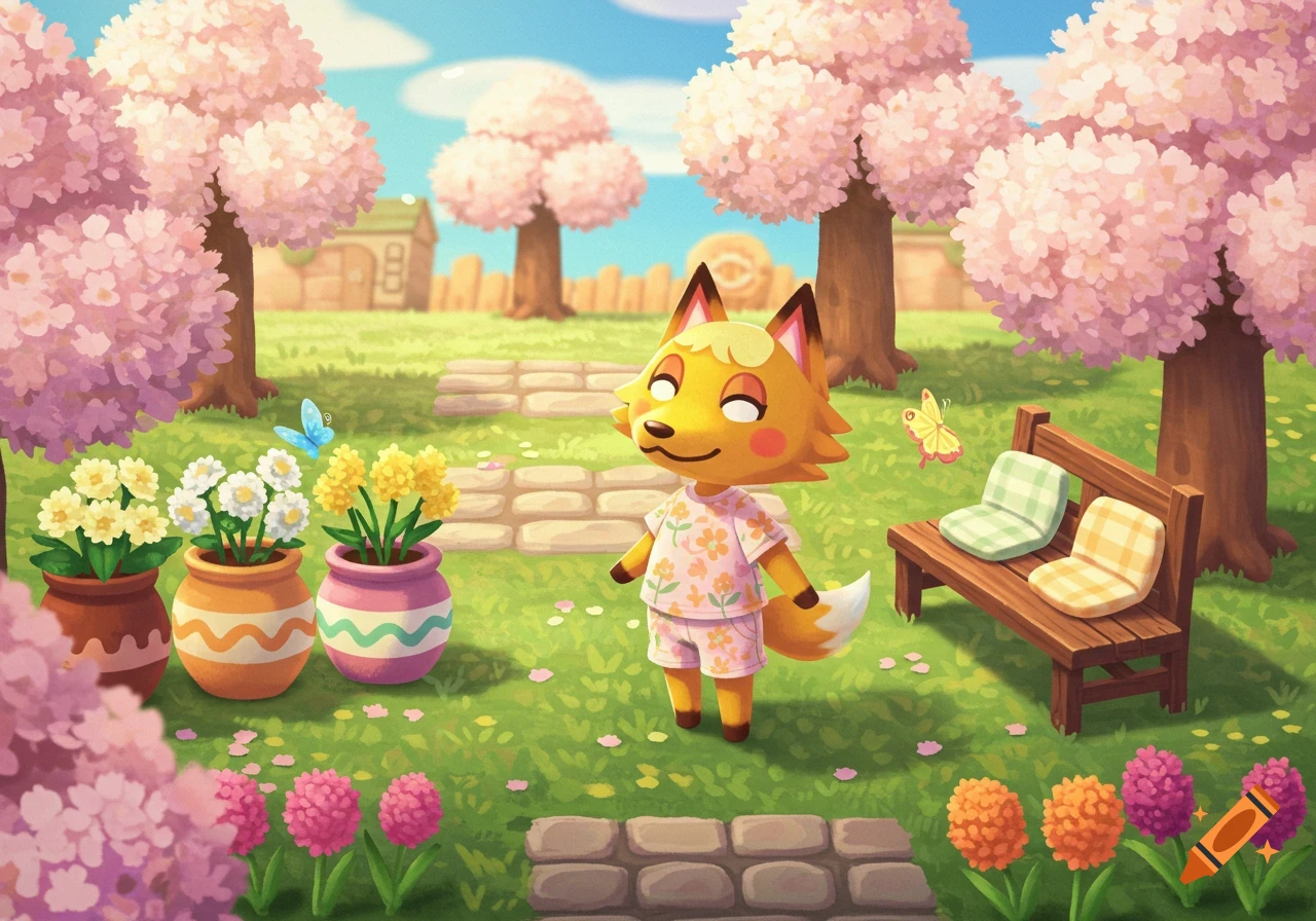 An Animal Crossing style fox villager in a garden with cherry blossom trees, flowers, and a wooden bench.