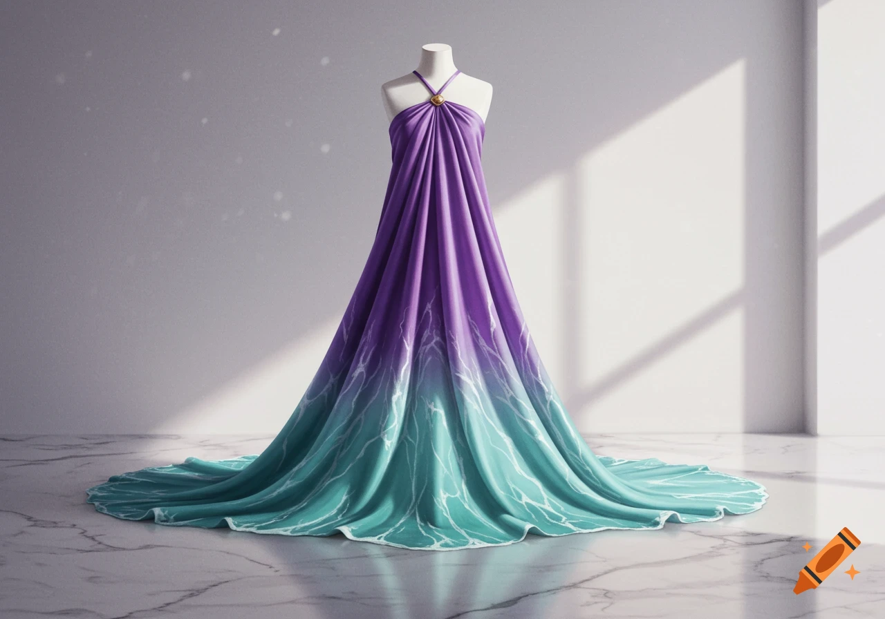 A long, flowing violet-to-seafoam ombre dress with white wave patterns on a white mannequin on a marble floor.