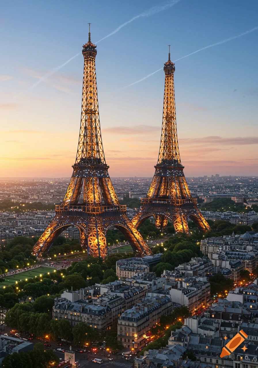 A high-angle view of two illuminated Eiffel Towers standing over the cityscape of Paris at sunset.