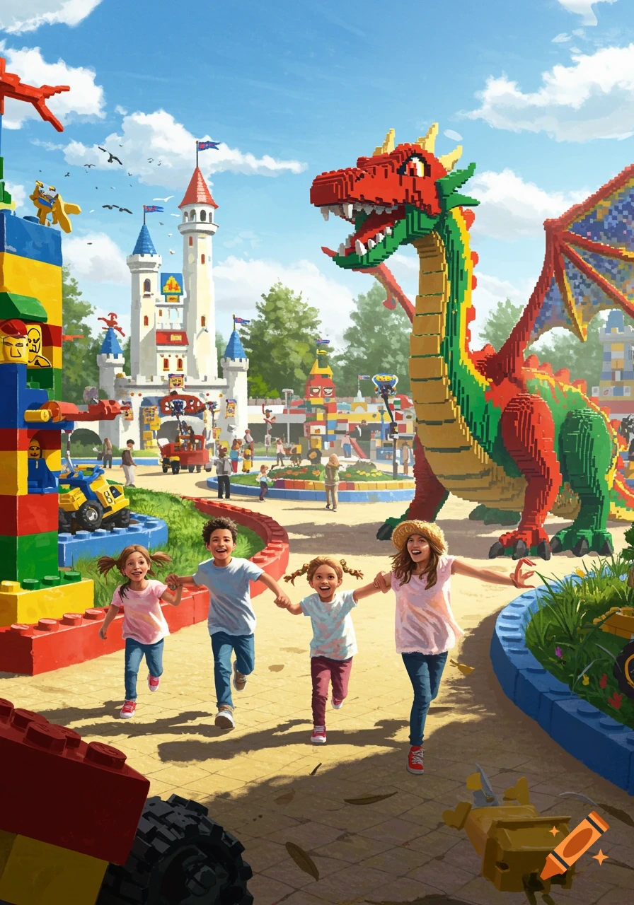 Four children run happily through a colorful Legoland park, past a large brick dragon, a castle, and other Lego structures.