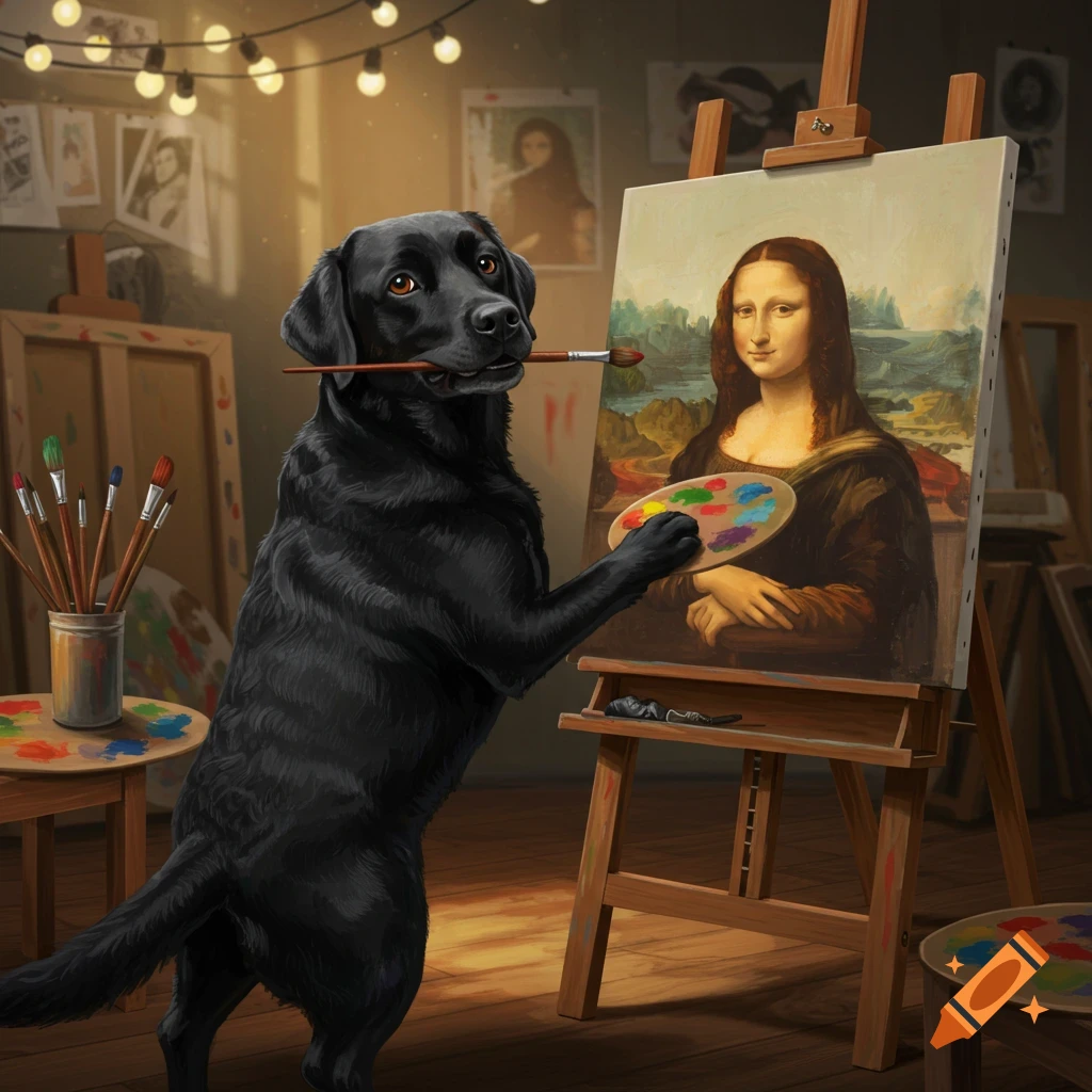 A black labrador dog stands on its hind legs, painting the Mona Lisa on an easel in a dimly lit artist's studio. It holds a paintbrush in its mouth and a palette in its paw.