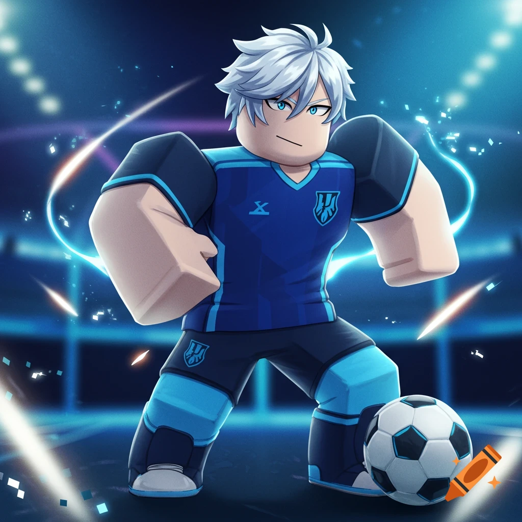 A Roblox-style anime character with white hair and blue eyes in a blue soccer uniform, standing with a soccer ball on a futuristic blue stadium.