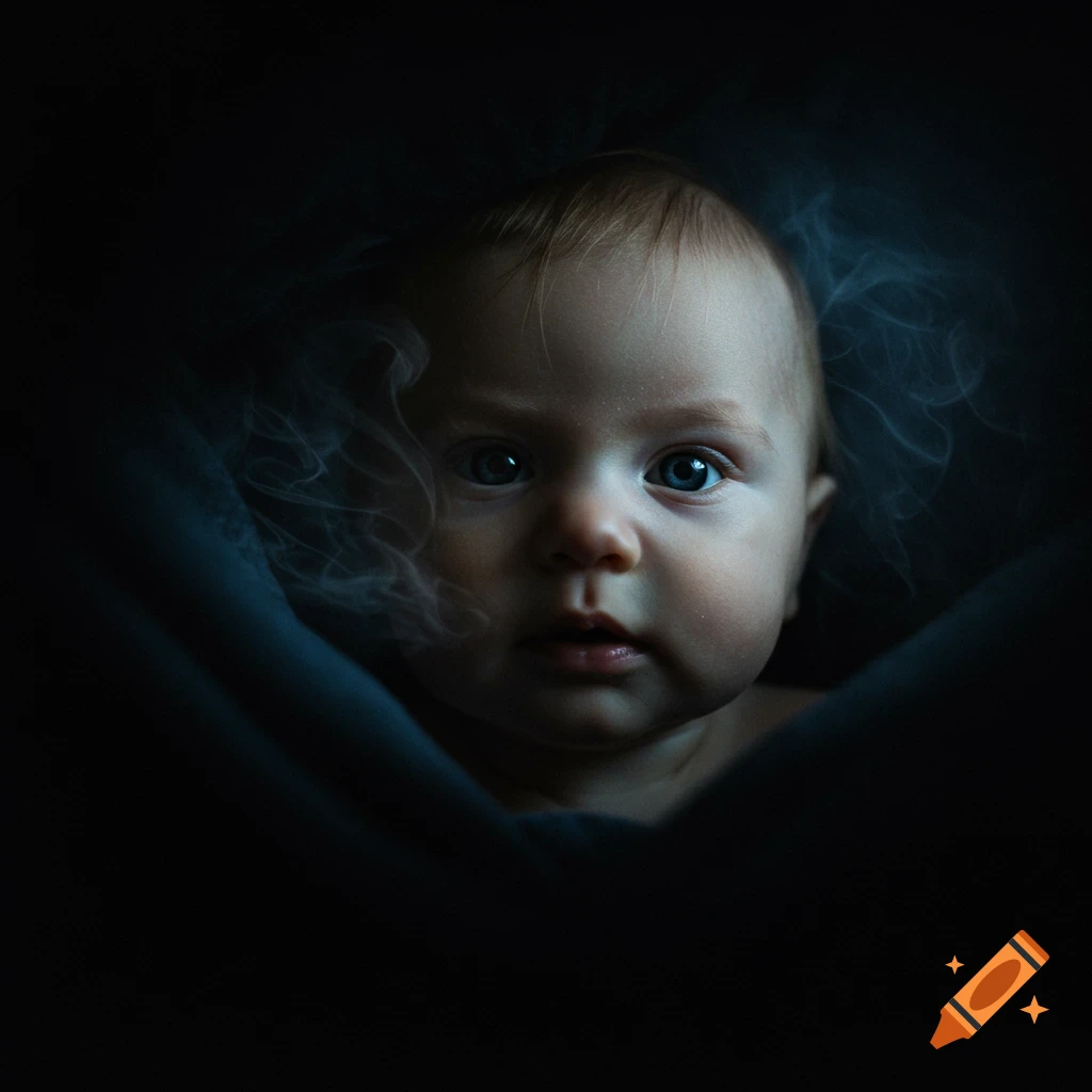 Close-up portrait of a baby with wide blue eyes, surrounded by soft, wispy light in a dark setting.