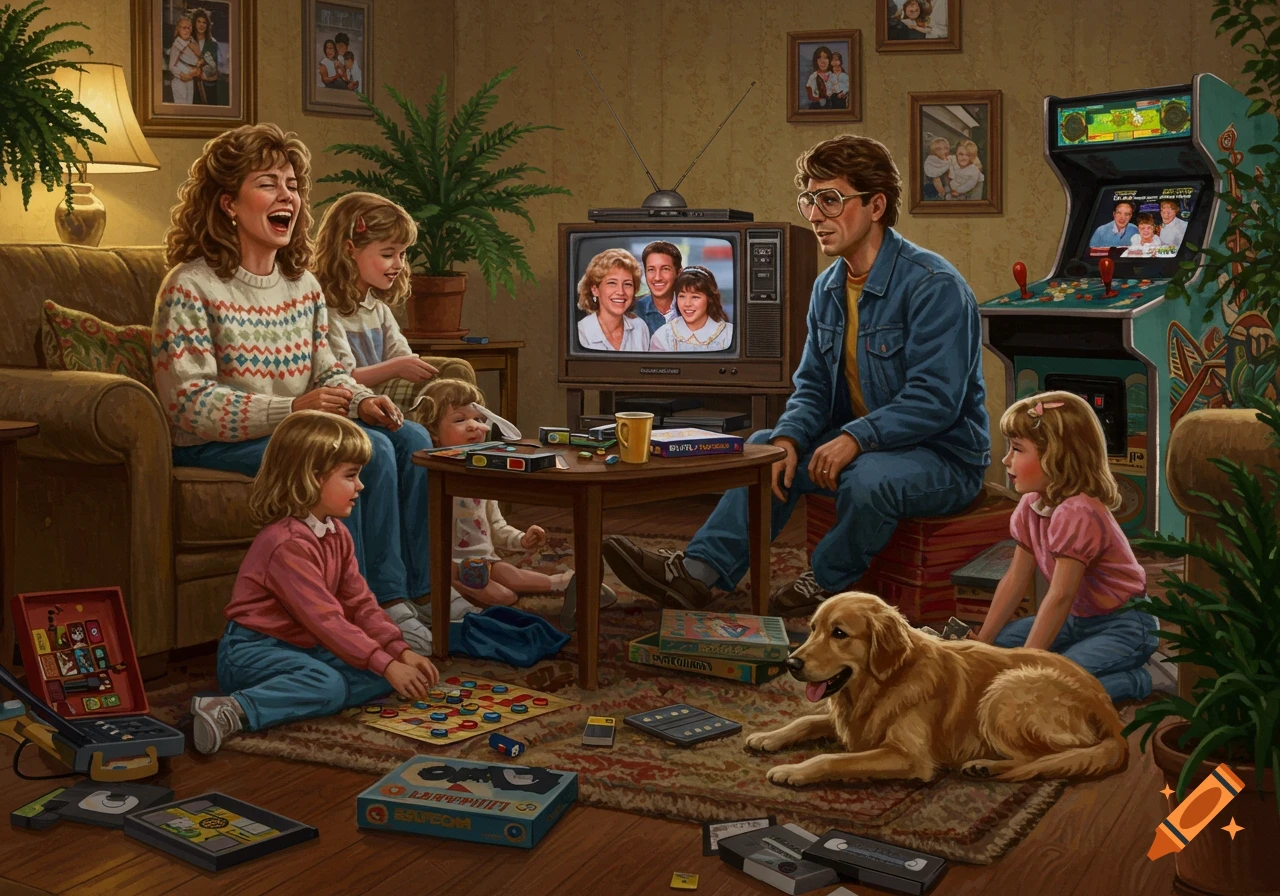A happy family and their dog gather in a living room filled with 1980s-1990s era entertainment, including a TV, board games, and an arcade machine.