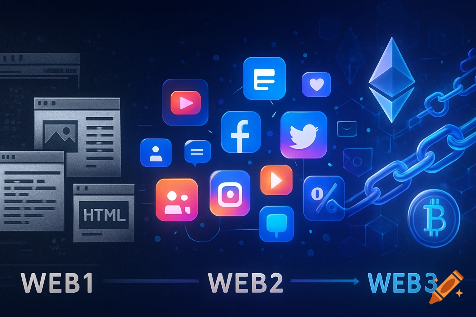Conceptual diagram showing the evolution from Web1 (HTML, browser windows) to Web2 (social media icons) to Web3 (blockchain, Ethereum, Bitcoin).