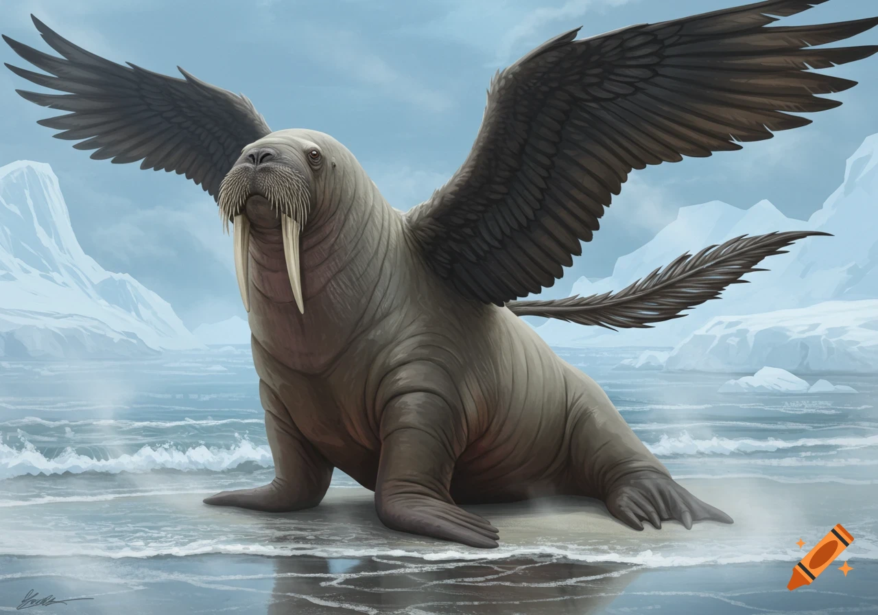 A fantastical walrus with large, dark feathered wings sits on an icy shore, with snowy mountains and a cold ocean in the background, digital painting.