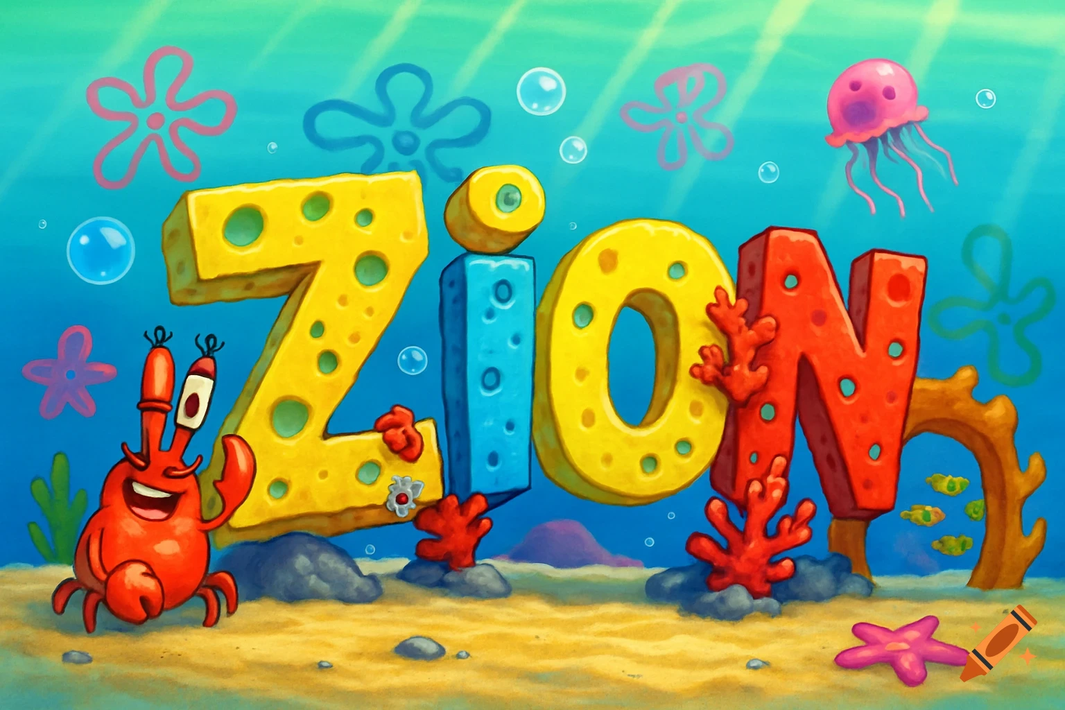 3D letters spelling ZION in a vibrant SpongeBob-themed underwater scene with Mr. Krabs, coral, and jellyfish.