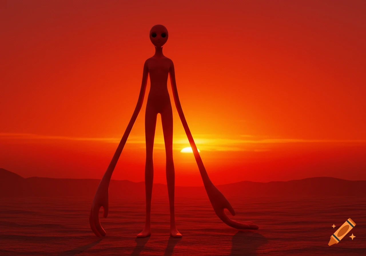 A tall, slender red humanoid figure with long limbs stands silhouetted against a vibrant red and orange sunset.
