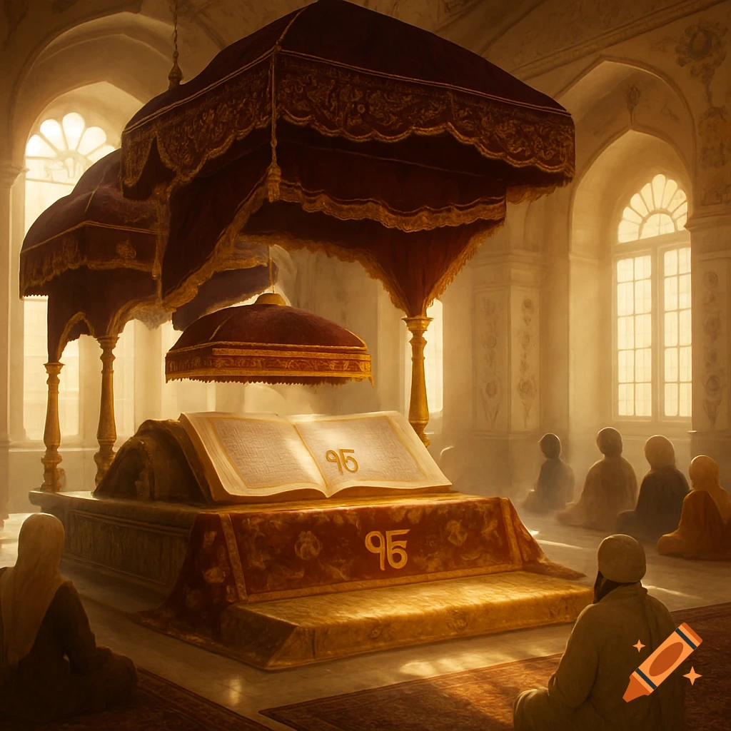 People meditating around a large, open holy book under an ornate canopy in a sunlit temple.