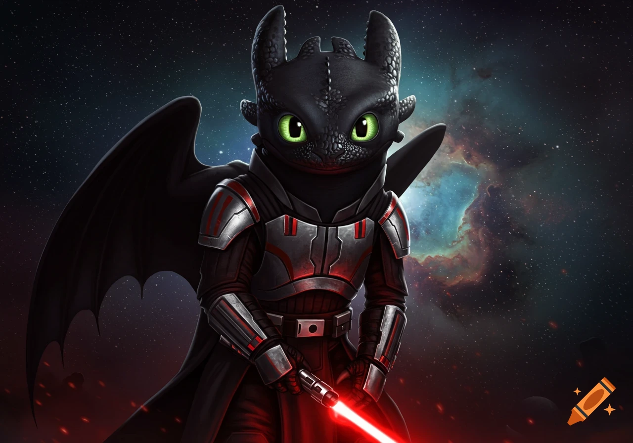 Toothless from How to Train Your Dragon, dressed in Darth Revan's armor and holding a red lightsaber, stands against a starry nebula background.