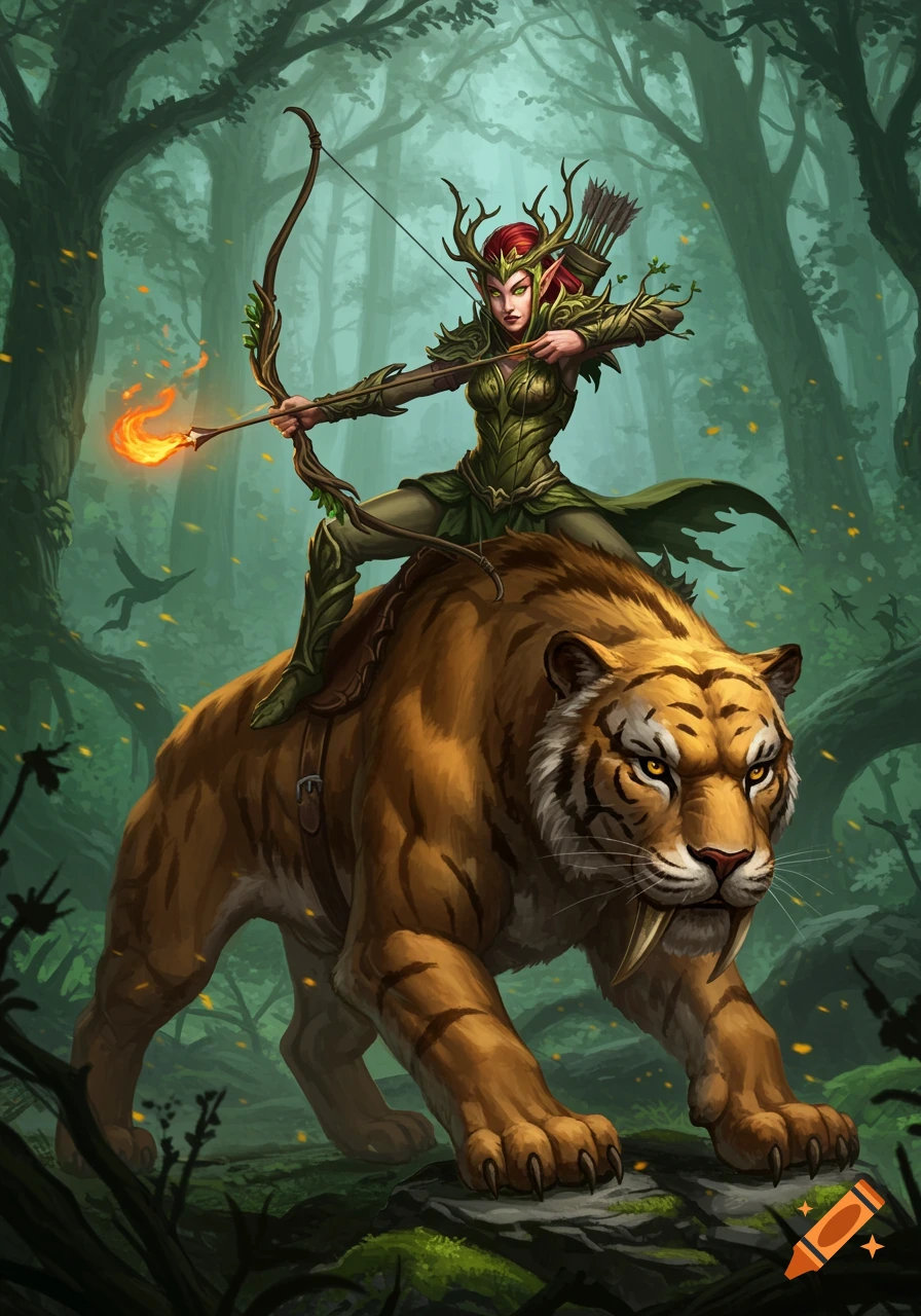 A sylvan elf archer with a flaming arrow rides a large sabretooth tiger through a dense forest in a fantasy art style.