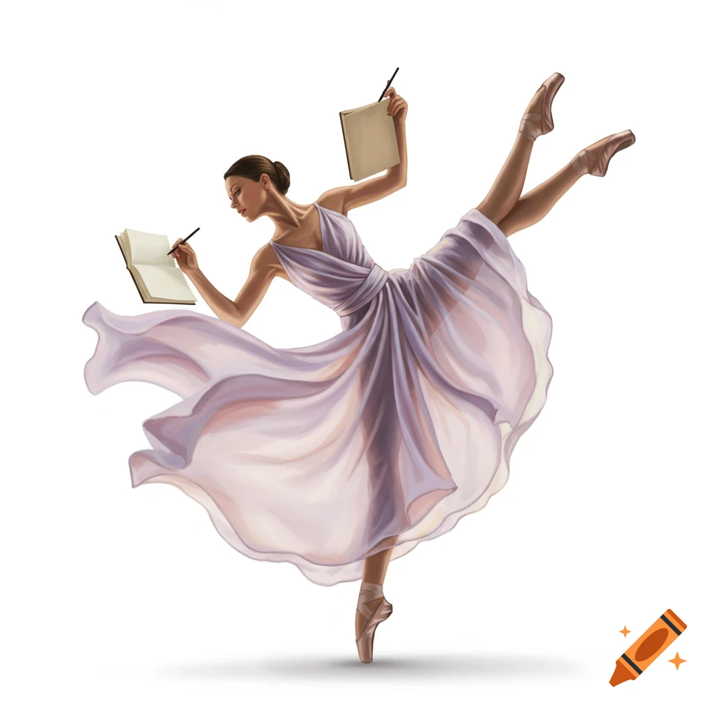 A graceful ballet dancer in a flowing purple dress holds an open journal and pen mid-pose on a white background.