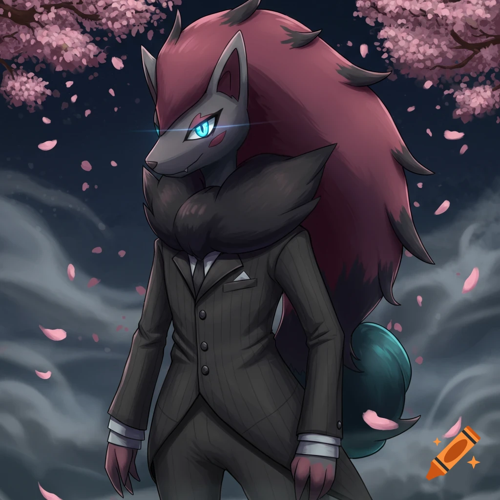 Anime style illustration of a Hisuian Zoroark in a pinstripe suit, standing under a cherry blossom tree with falling petals at night.