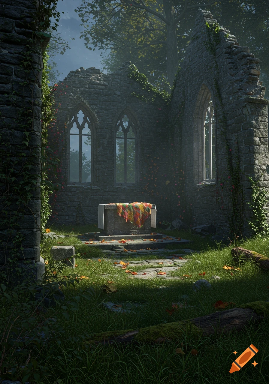 Photorealistic ruined stone chapel covered in ivy and roses, with a stone altar, in a moonlight forest.