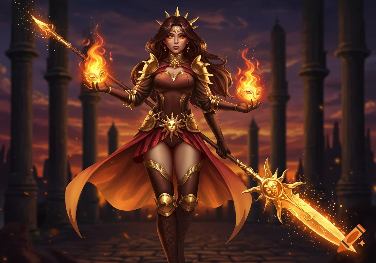 Fantasy sorceress in gold armor holding a glowing sun-spear and fiery masks at sunset.