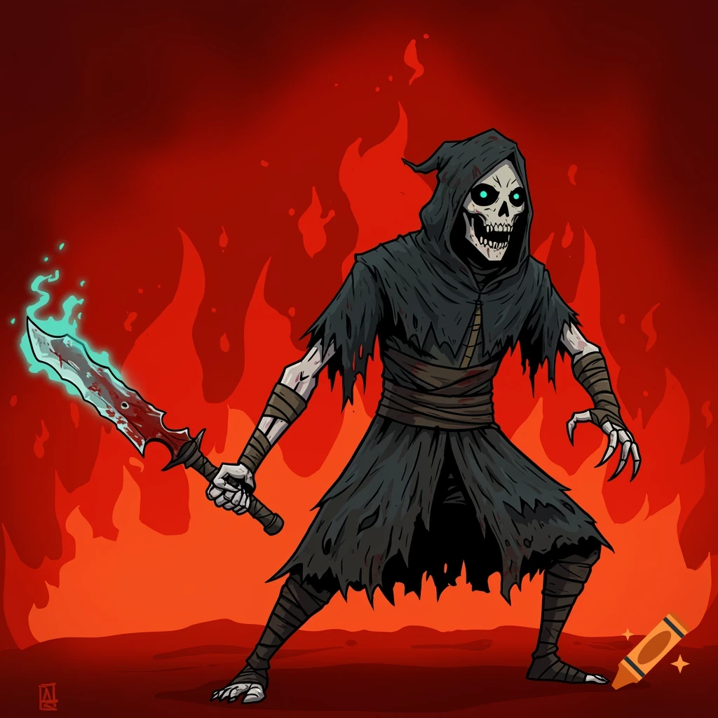 A cartoon-style drawing of a skeletal figure in a black tattered robe, with glowing blue eyes, holding a bloody, glowing sword against a red fiery background.