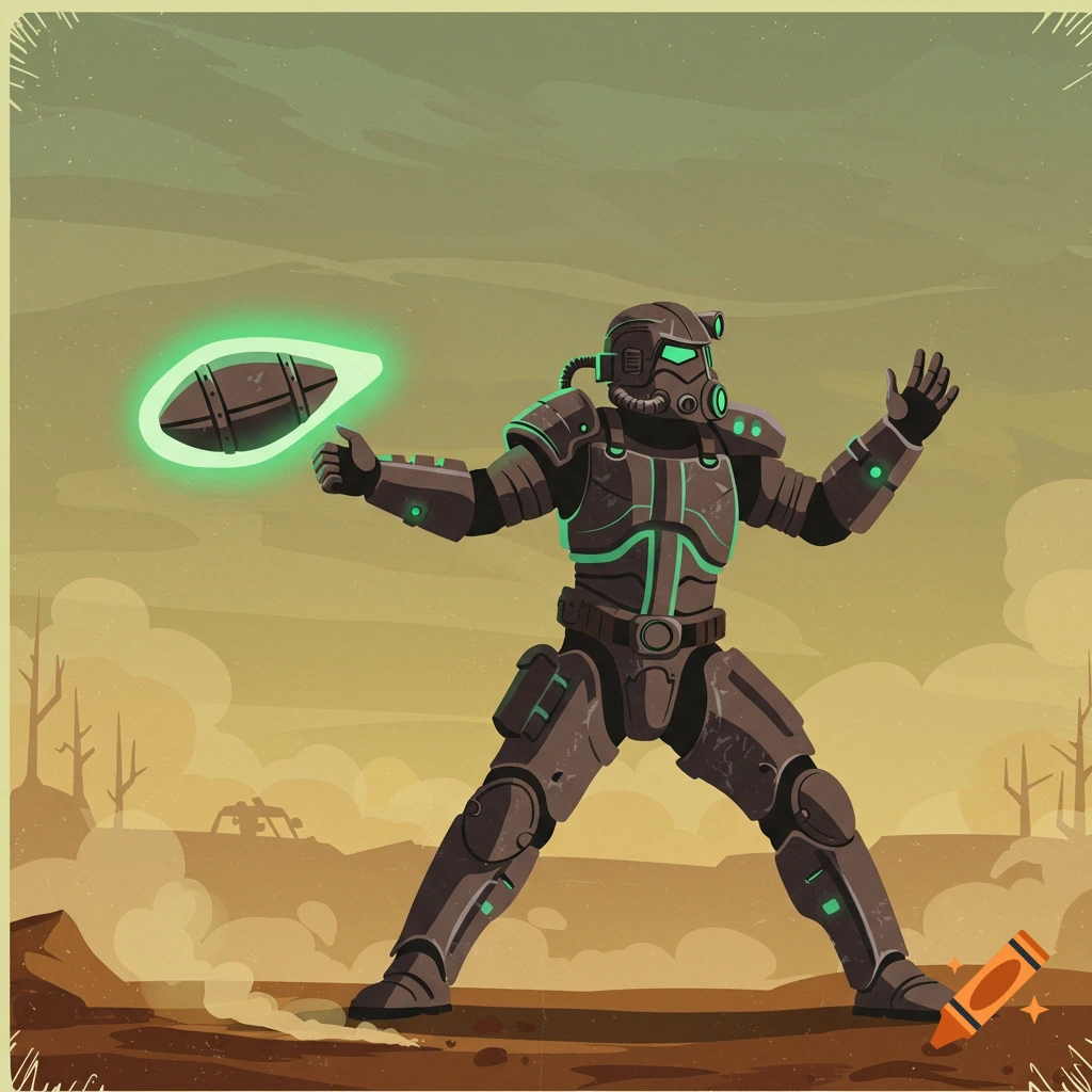A character in dark sci-fi power armor with green glowing accents in a barren wasteland, holding a bright green glowing oval object. Retro illustration style.