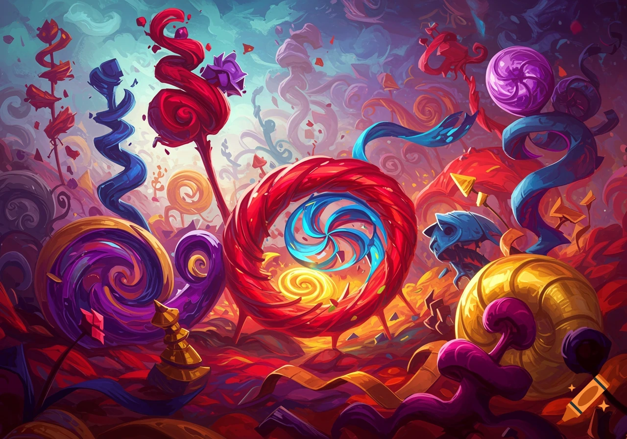 A vibrant, trippy fantasy landscape filled with swirling, colorful candy-like shapes.