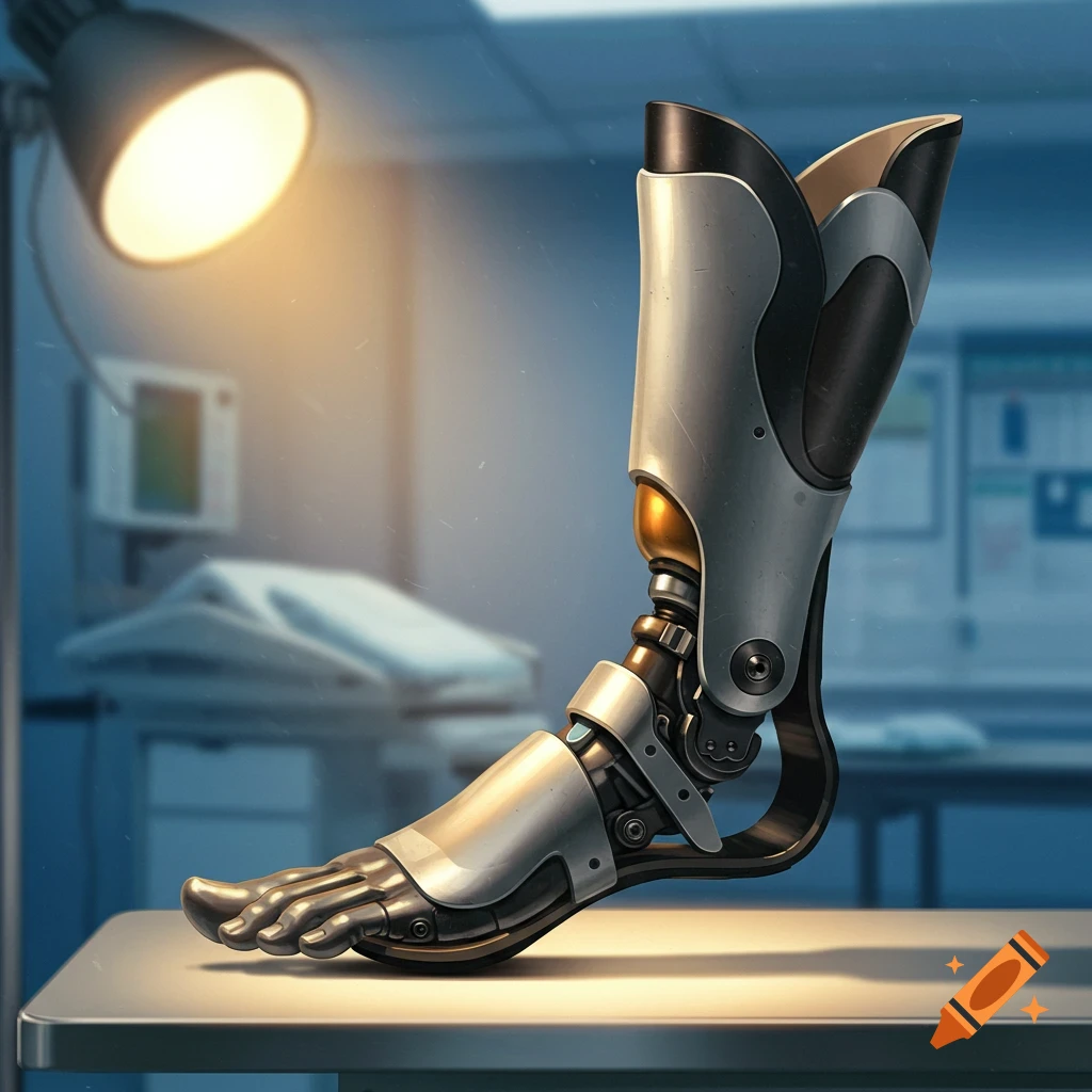 A detailed, metallic and black prosthetic leg with a foot, resting on a table under a bright lamp in a medical setting.