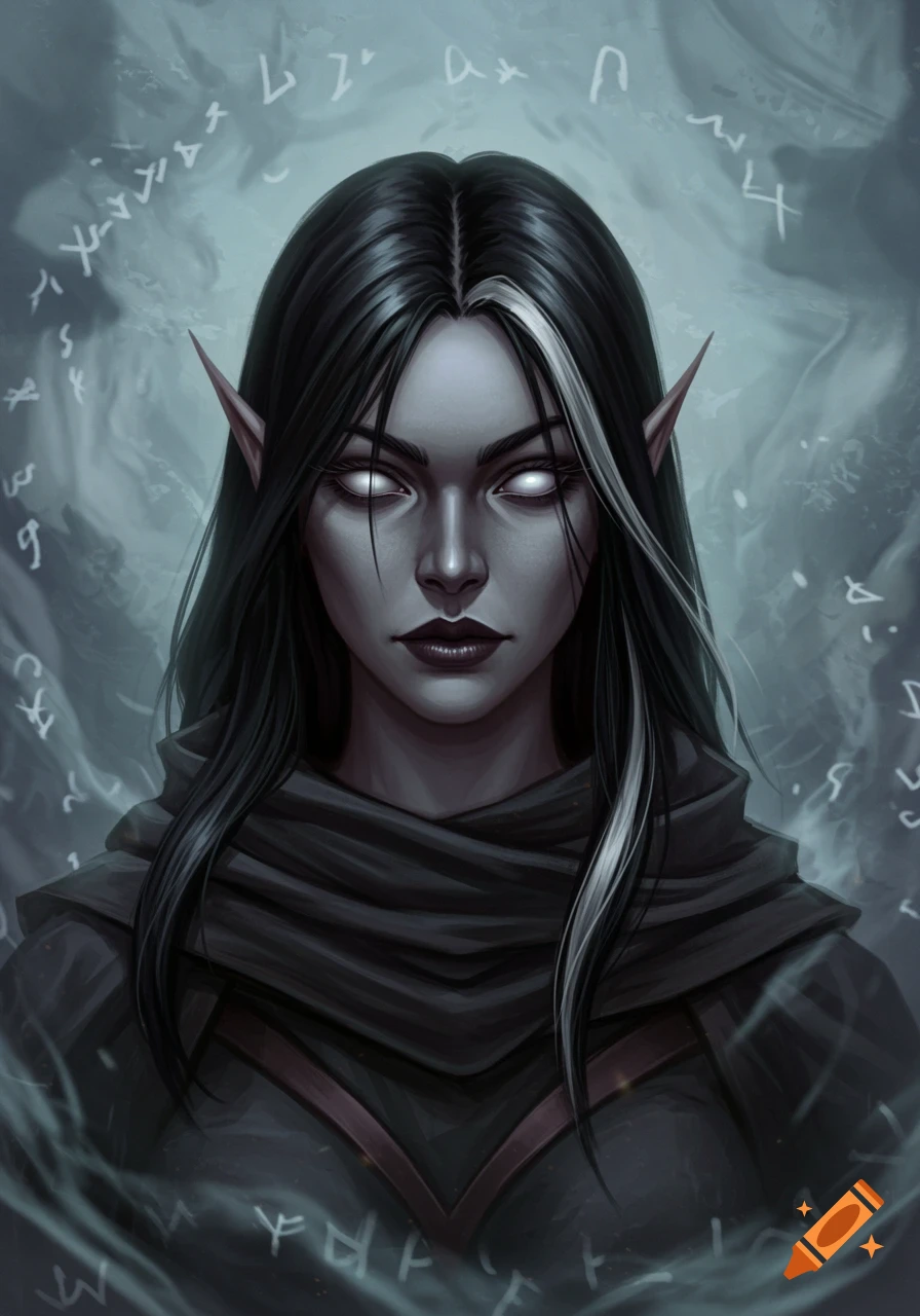 A stylized portrait of a dark-skinned female elf with black hair and a white streak, glowing white eyes, wearing a dark cowl, surrounded by mysterious floating runes.
