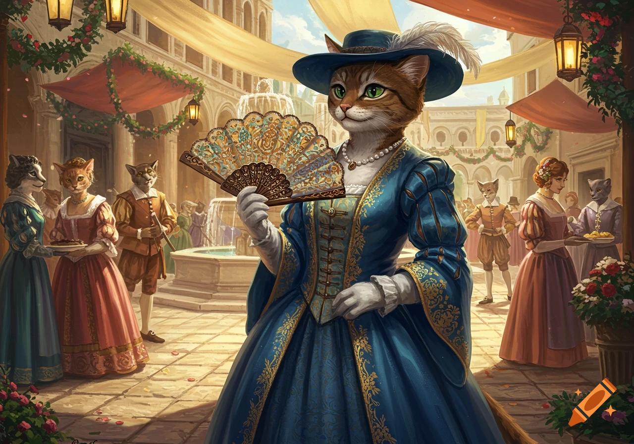 An elegant anthropomorphic cat in a blue Renaissance gown holds a fan at a bustling courtyard festival with other animal characters.