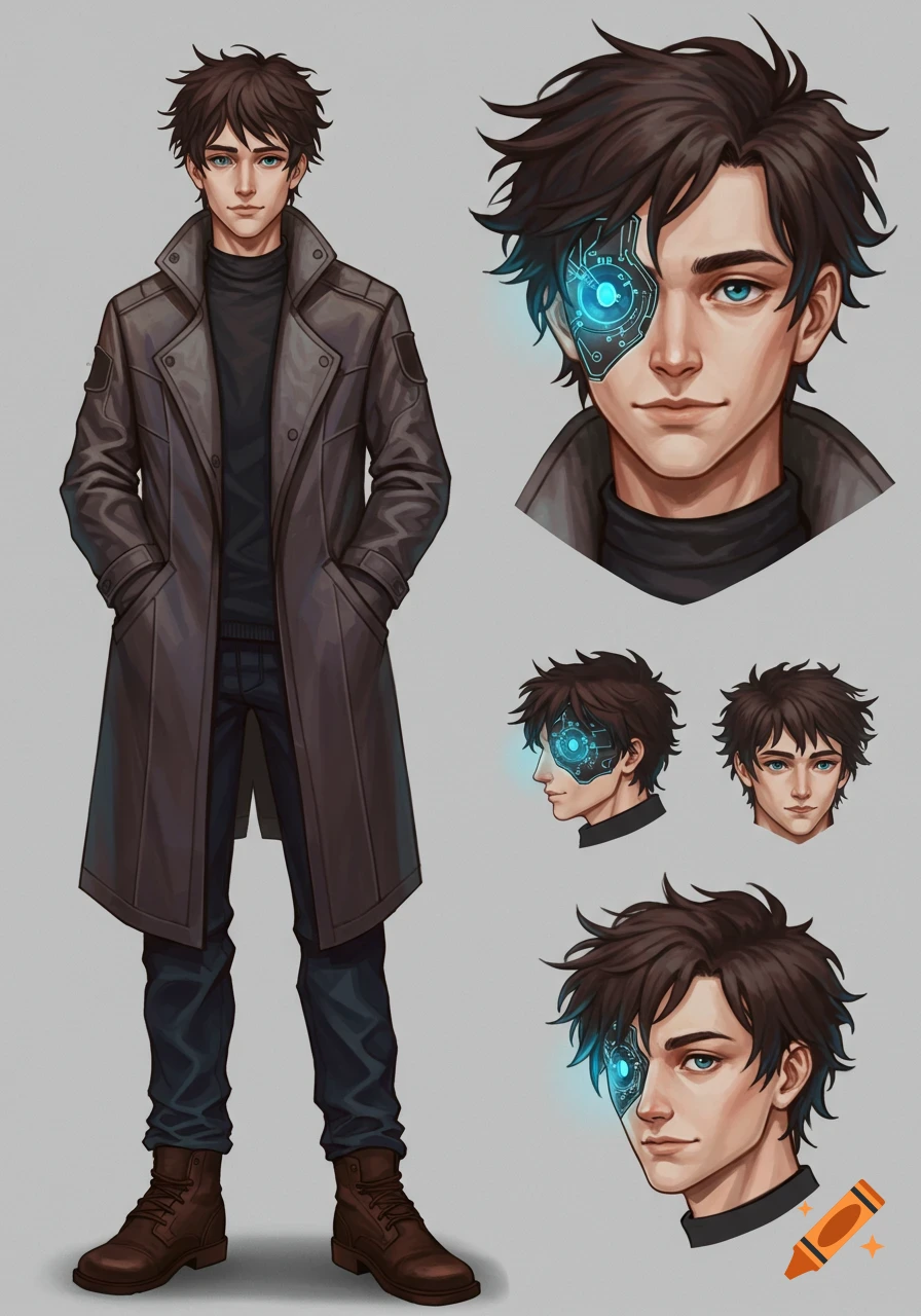 Character sheet of a young man with brown hair and blue eyes, wearing a trench coat, with a glowing blue cybernetic eye, in an anime art style.