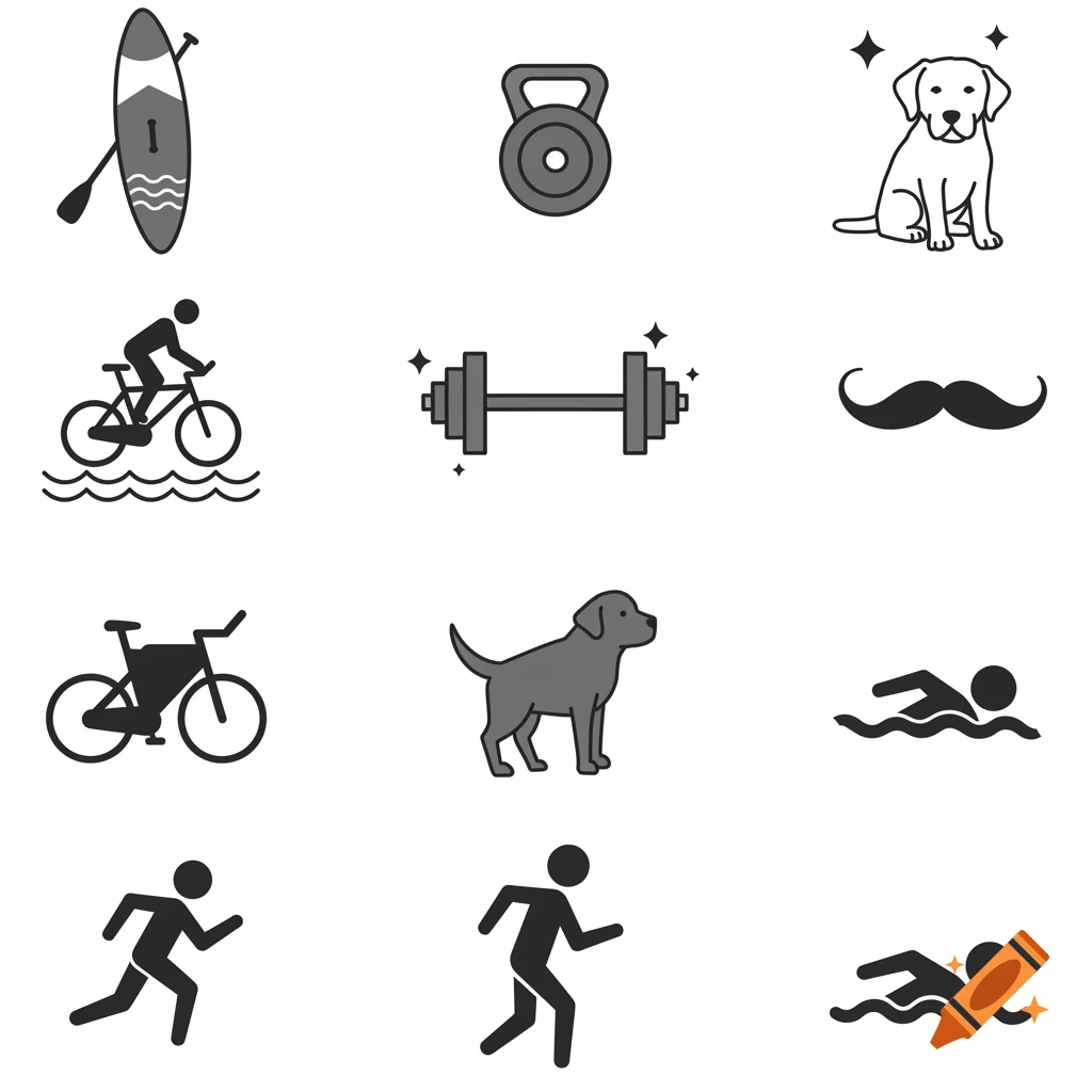 A grid of nine grayscale and color-accented icons featuring a paddleboard, kettlebell, labrador, person cycling, dumbbell, mustache, bicycle, runner, and swimmer.