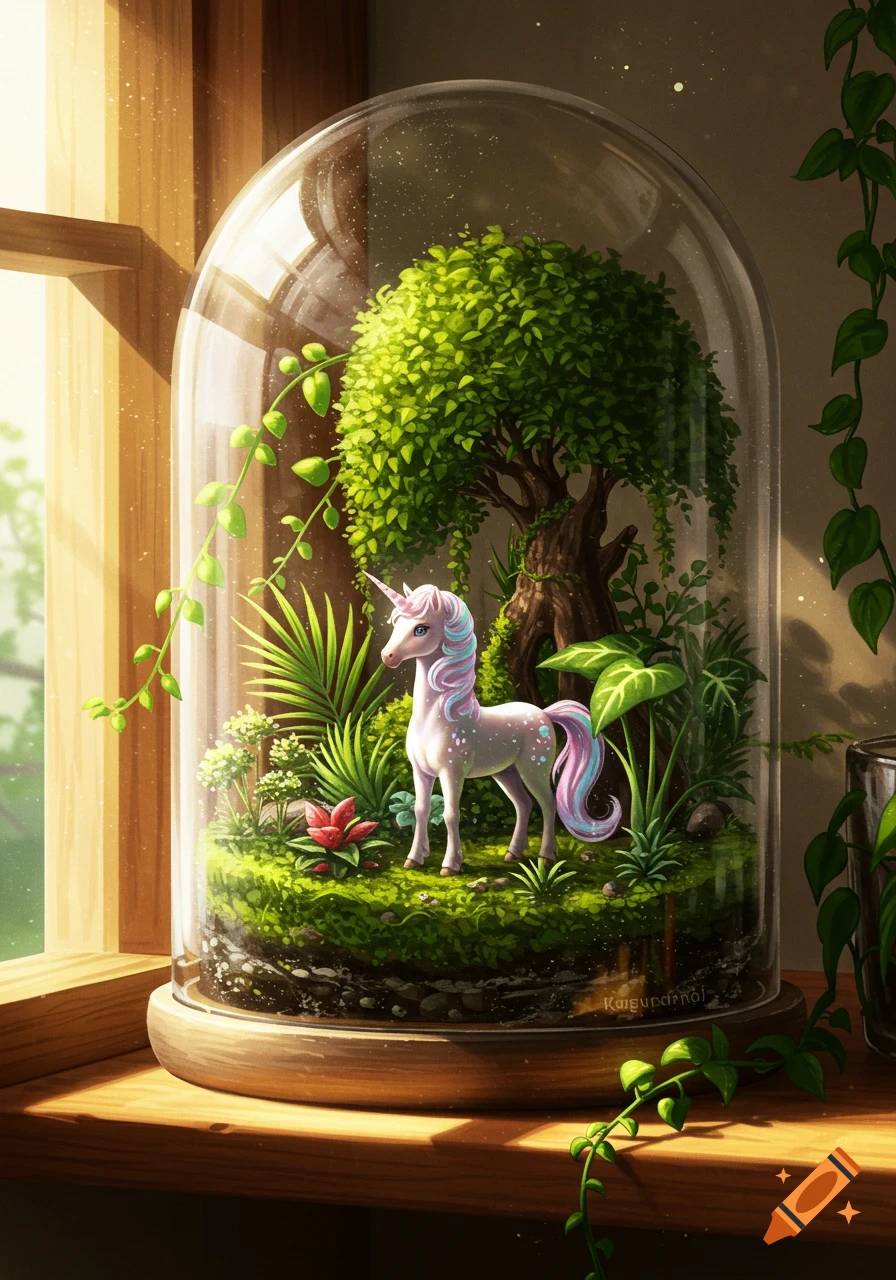 A cute unicorn with a rainbow mane stands among lush green plants and a small tree inside a glass terrarium on a sunlit wooden shelf.