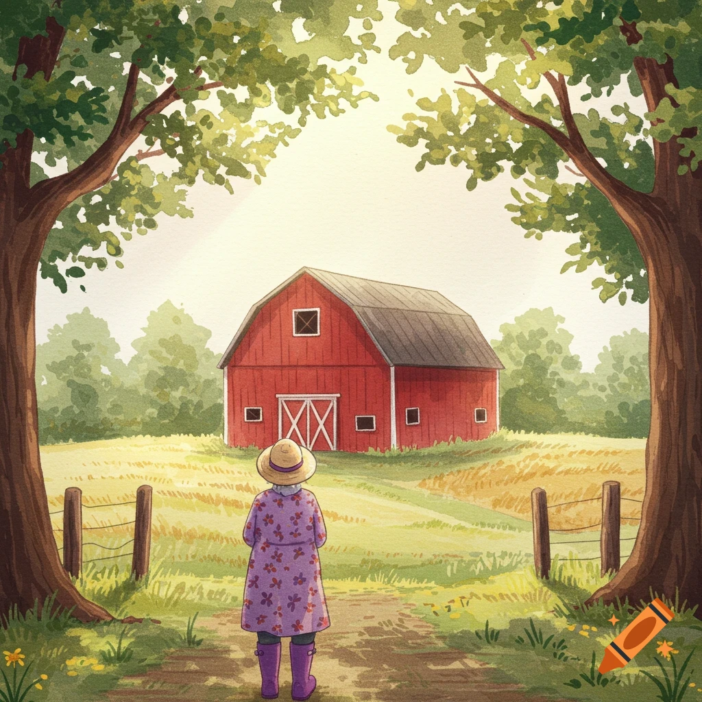 A watercolor illustration of a farmer in purple boots and a dress, viewed from behind, walking on a path toward a red barn framed by two large trees.