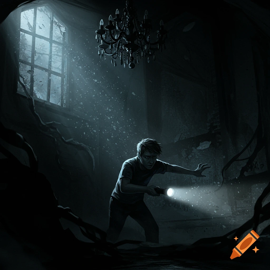 A person with a flashlight cautiously explores a dark, abandoned room with a broken window and hanging roots.