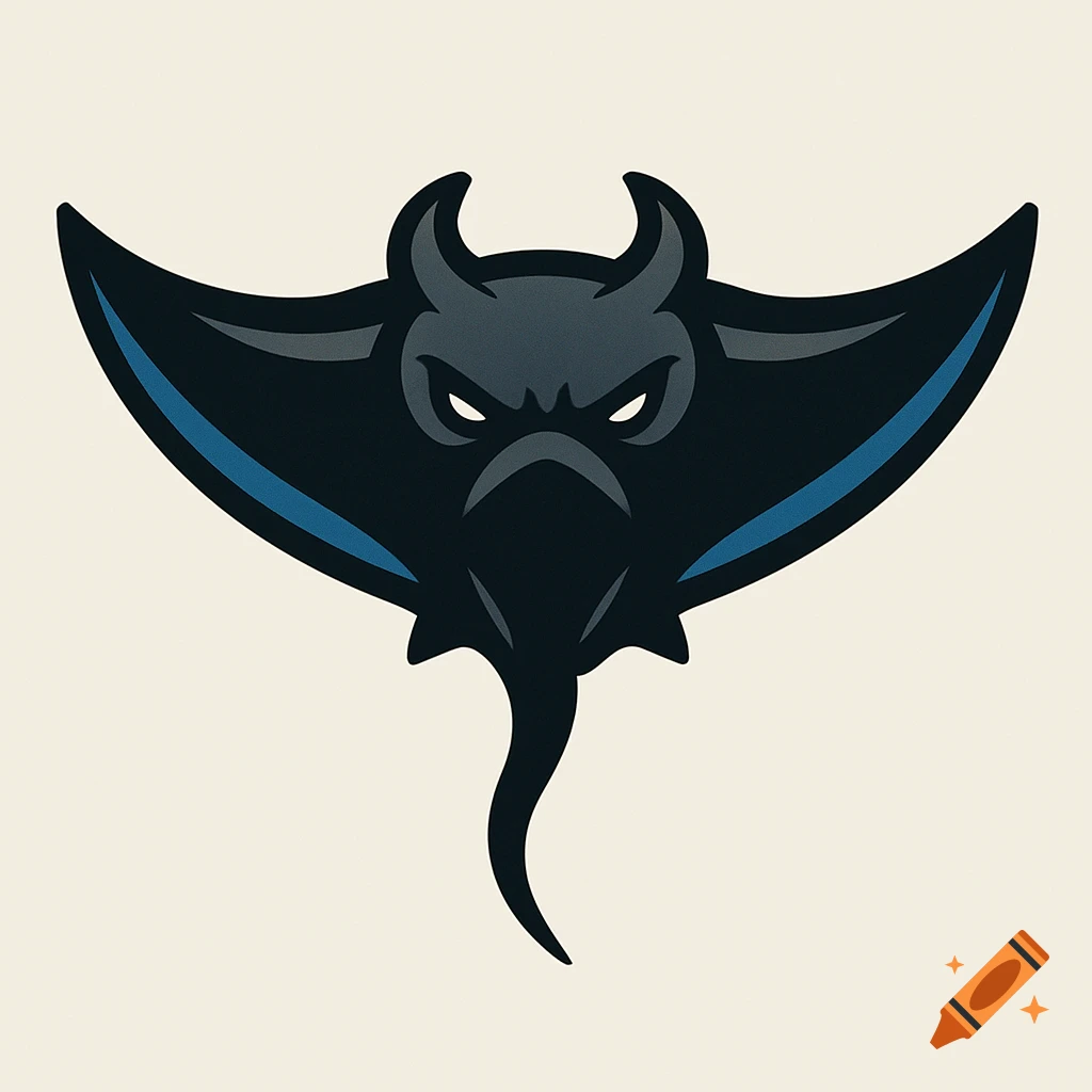 A stylized logo of a menacing dark grey manta ray with blue accents and white eyes.